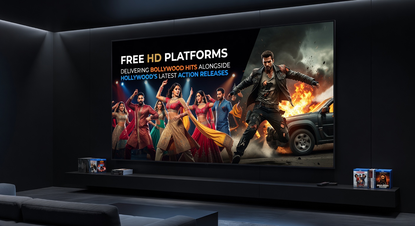 Dynamic collage featuring explosive Bollywood action sequences blended with Hollywood thriller posters on a sleek streaming platform interface, highlighting free HD access to both worlds