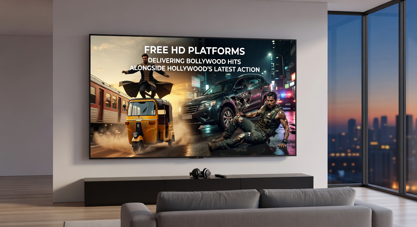 Close-up screenshot of a free streaming app homepage displaying Bollywood blockbuster thumbnails next to Hollywood action movie covers, with HD badges and play buttons ready to launch