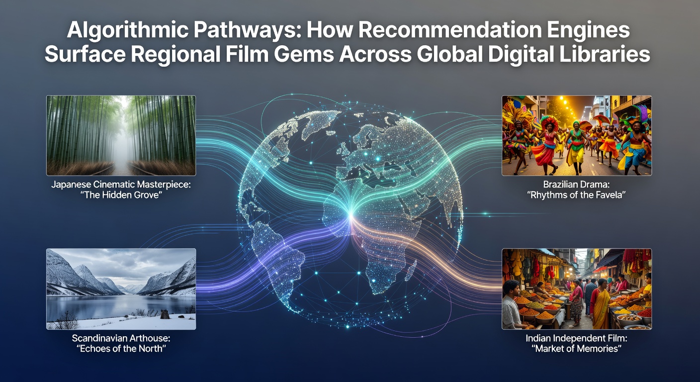 Visualization of recommendation engine pathways connecting regional films to global audiences across digital platforms