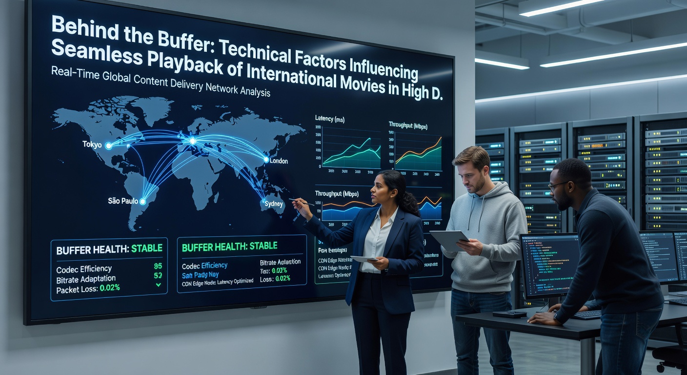 Illustration of adaptive bitrate layers and CDN edge server distribution for global film delivery