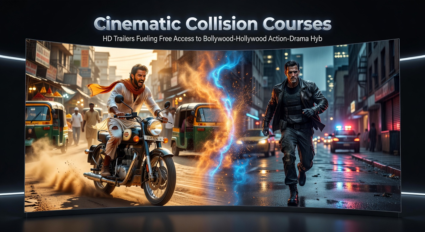 Vibrant collage of Bollywood stars in Hollywood-inspired action poses, overlaid with streaming icons and trailer play buttons