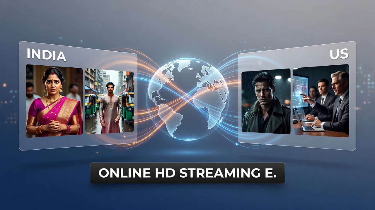 Viewers from different cultural backgrounds watching drama series on tablets and laptops in shared living spaces
