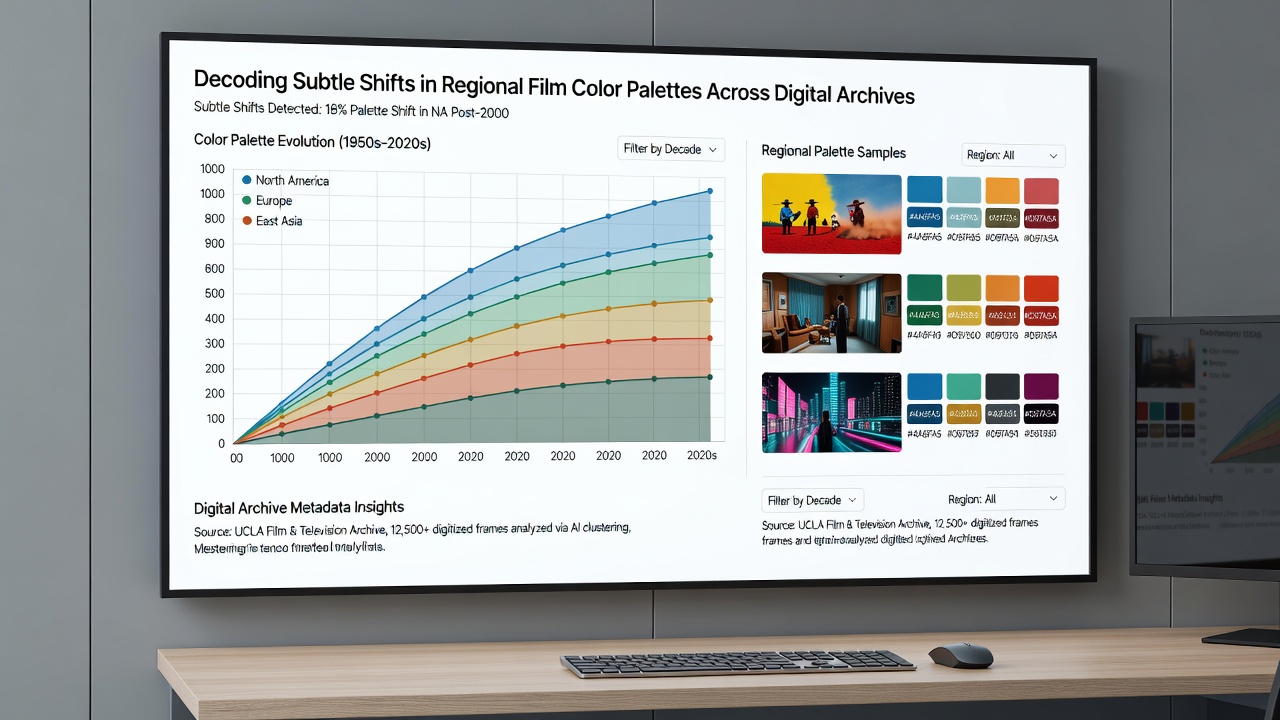 Side-by-side comparison of color histograms from restored regional films showing palette evolution over time