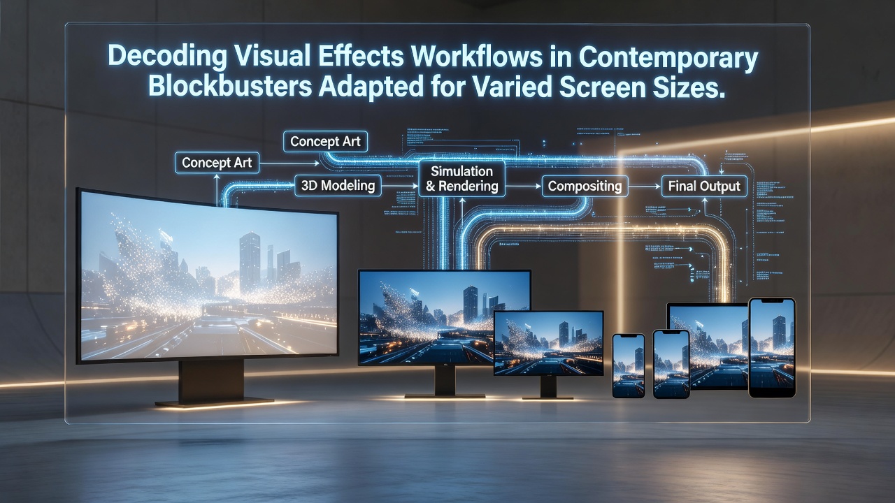 Visual effects team reviewing digital assets on multiple monitors for blockbuster adaptation across screen formats