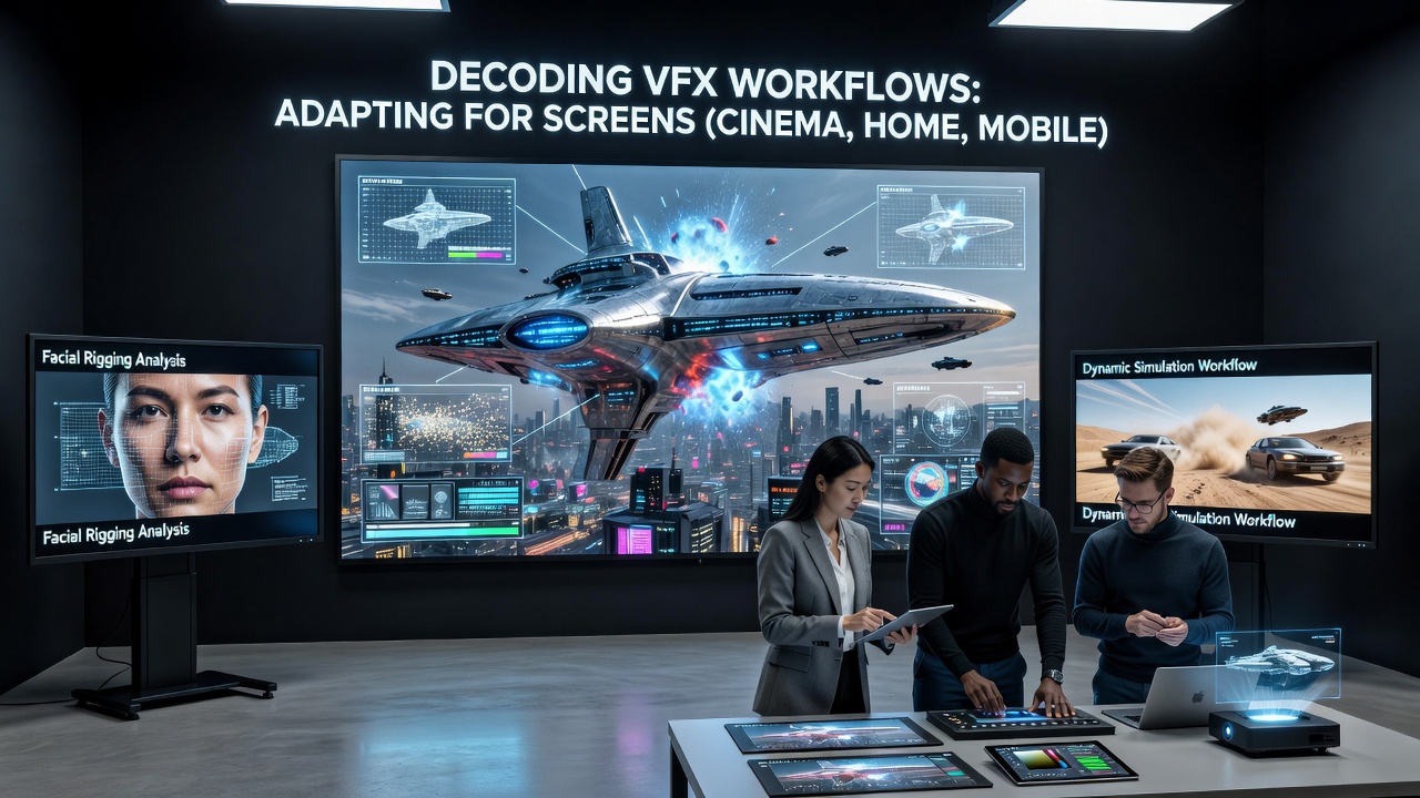 Side-by-side comparison of VFX shots rendered for cinema screen versus mobile device playback