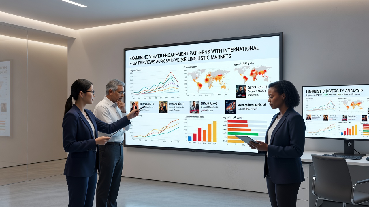 Diverse linguistic market viewers engaging with film preview content on screens in different regions