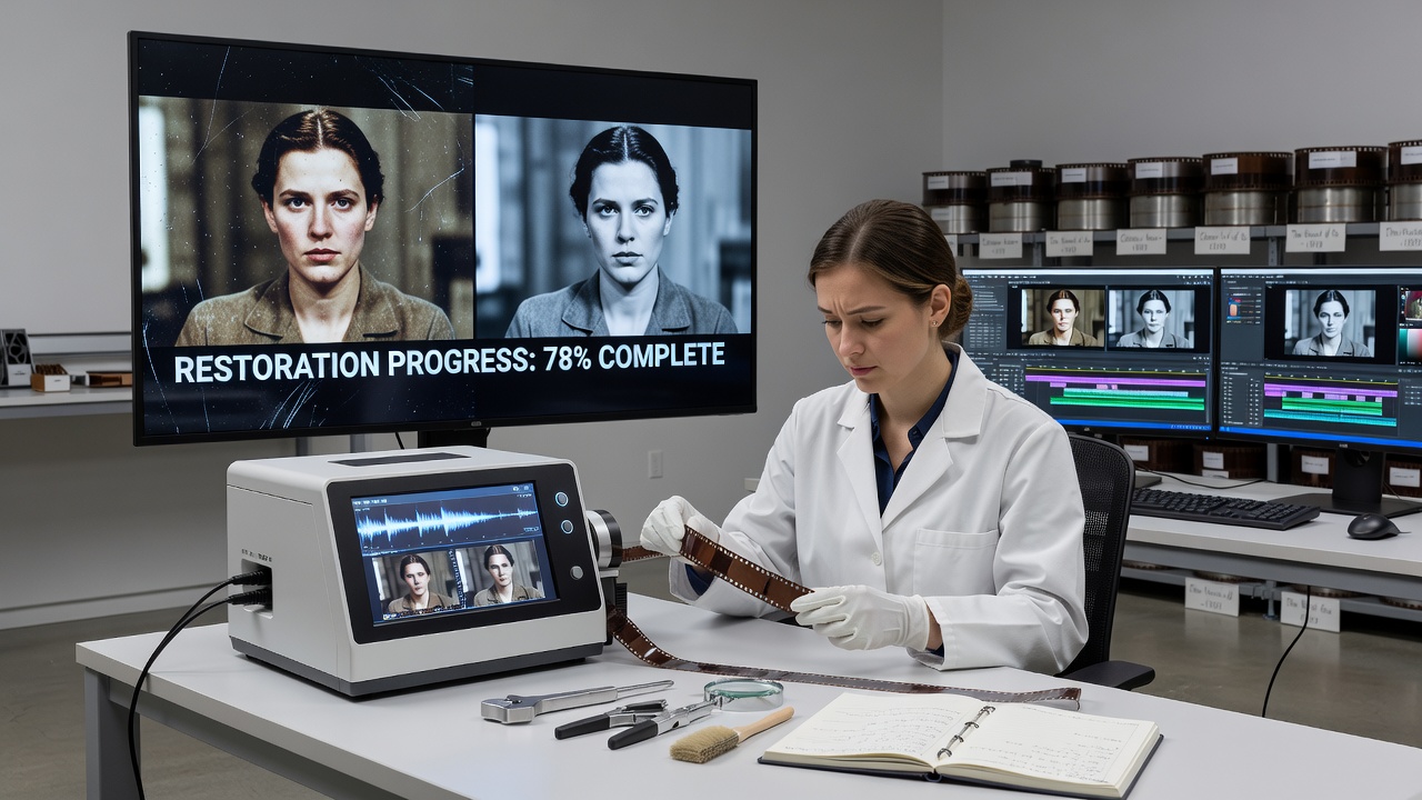 Digital color grading workstation where restorers match historical film palettes to current display standards