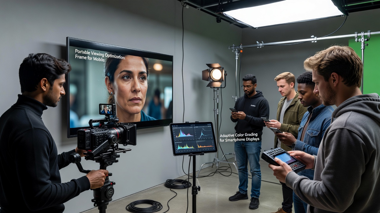 Colorist working on a grading suite with side-by-side comparisons of the same scene displayed on a cinema monitor and a smartphone