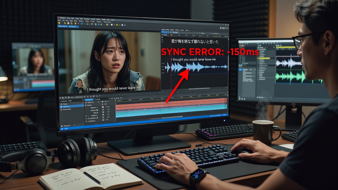 Cross-cultural film scene with dubbed dialogue and subtitle alignment challenges