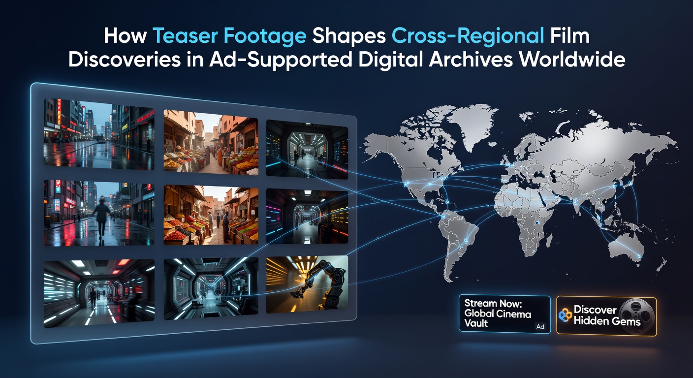 Teaser footage displayed on a digital archive interface with global film thumbnails from multiple regions