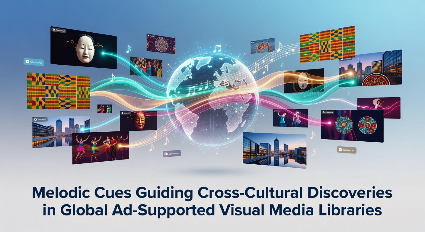 Visual representation of melodic cues in global ad-supported media libraries showing music notes overlaying diverse film scenes