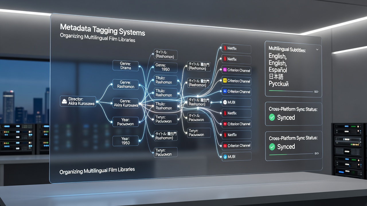 Digital interface displaying multilingual film metadata tags across various language categories and platform integrations