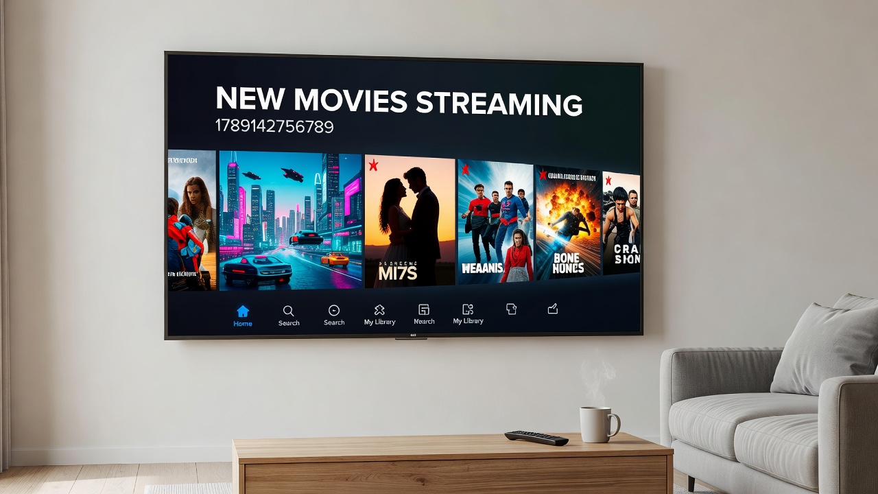 Viewers watching a new science fiction movie on a large screen in a modern living room setup