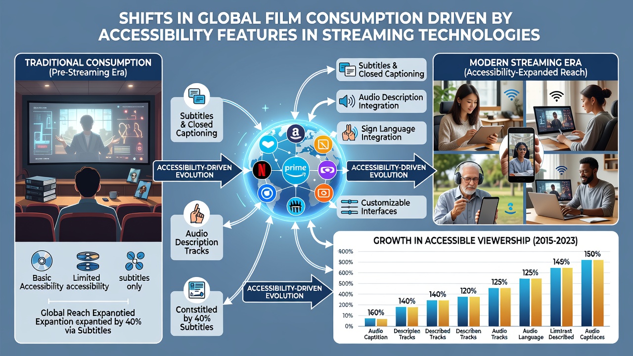 Diverse group of viewers using streaming services on tablets and phones with visible accessibility settings