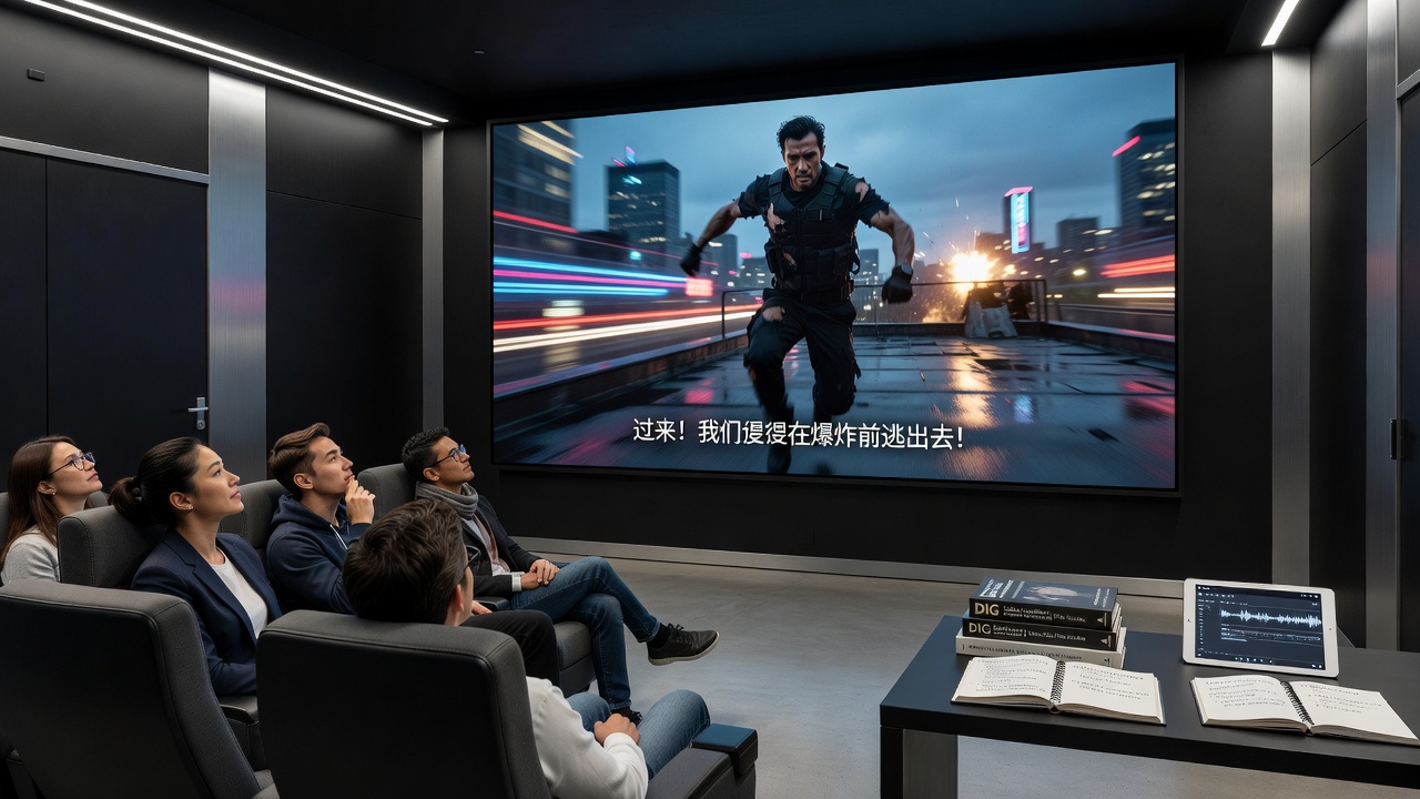 Global viewers engaging with localized subtitles during an action film on a digital platform