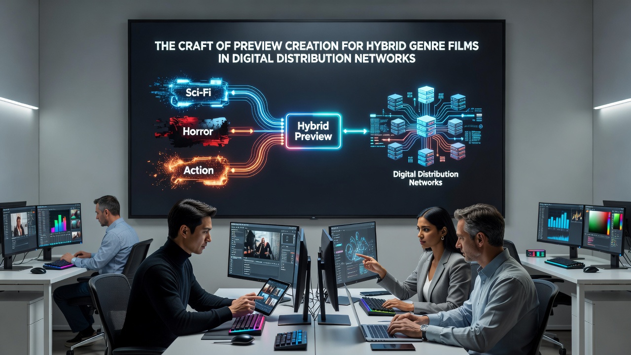 Team reviewing hybrid genre film preview edits on multiple screens in a post-production suite