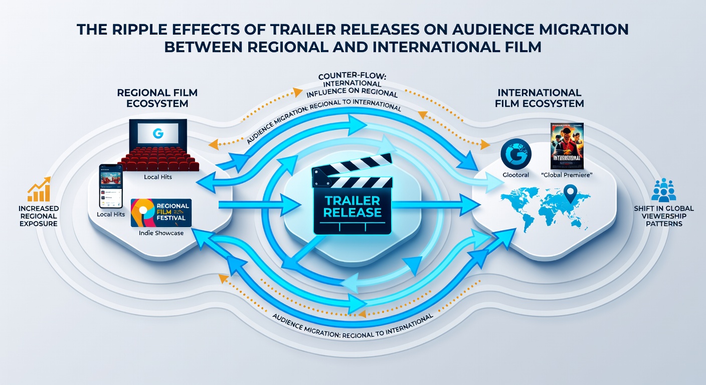 Infographic showing data flows of viewer migration between regional and international catalogs triggered by trailer releases