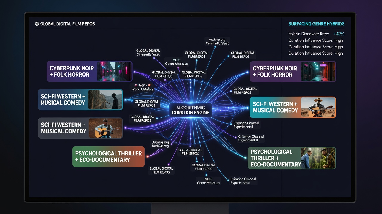 Algorithmic dashboard showing genre hybrid recommendations across international film databases