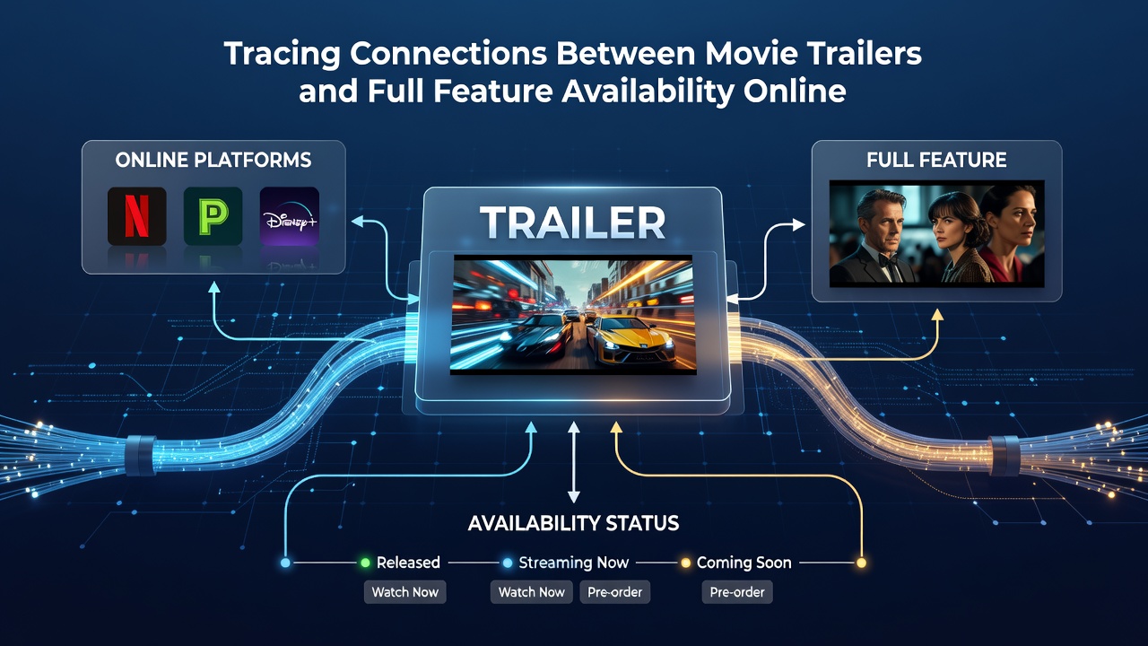 Movie trailers displayed on digital screens alongside streaming service interfaces showing release timelines