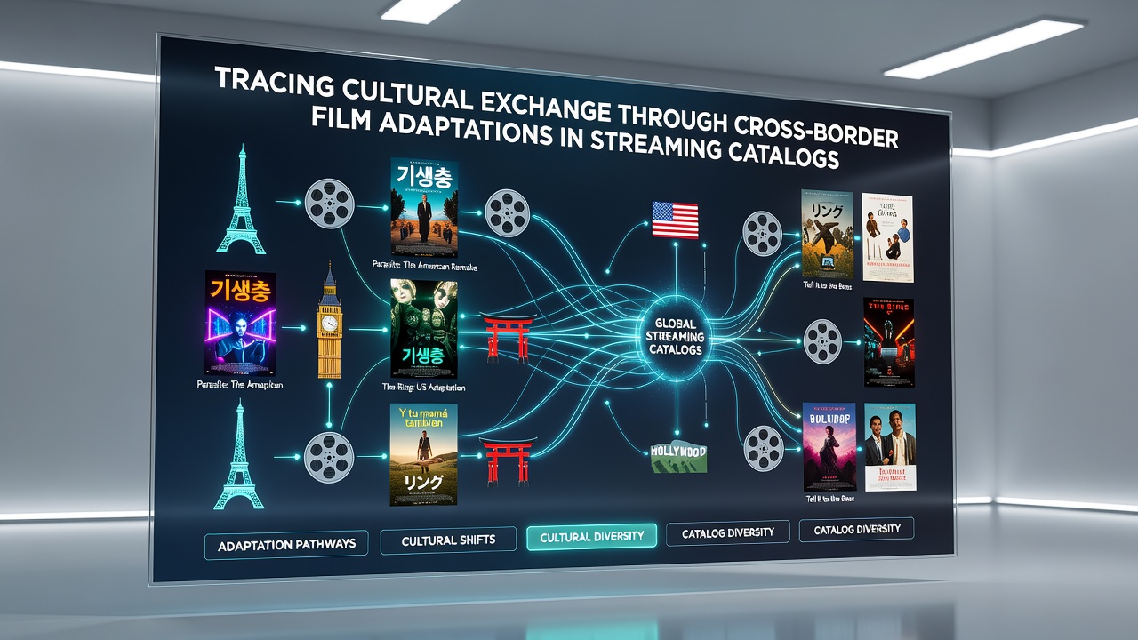 Visual representation of global film adaptations crossing cultural boundaries in streaming services
