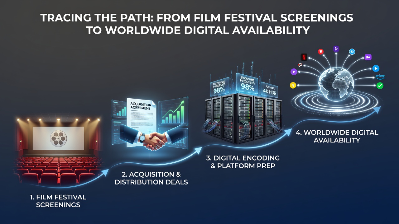 Digital streaming interface showing worldwide film availability on multiple devices