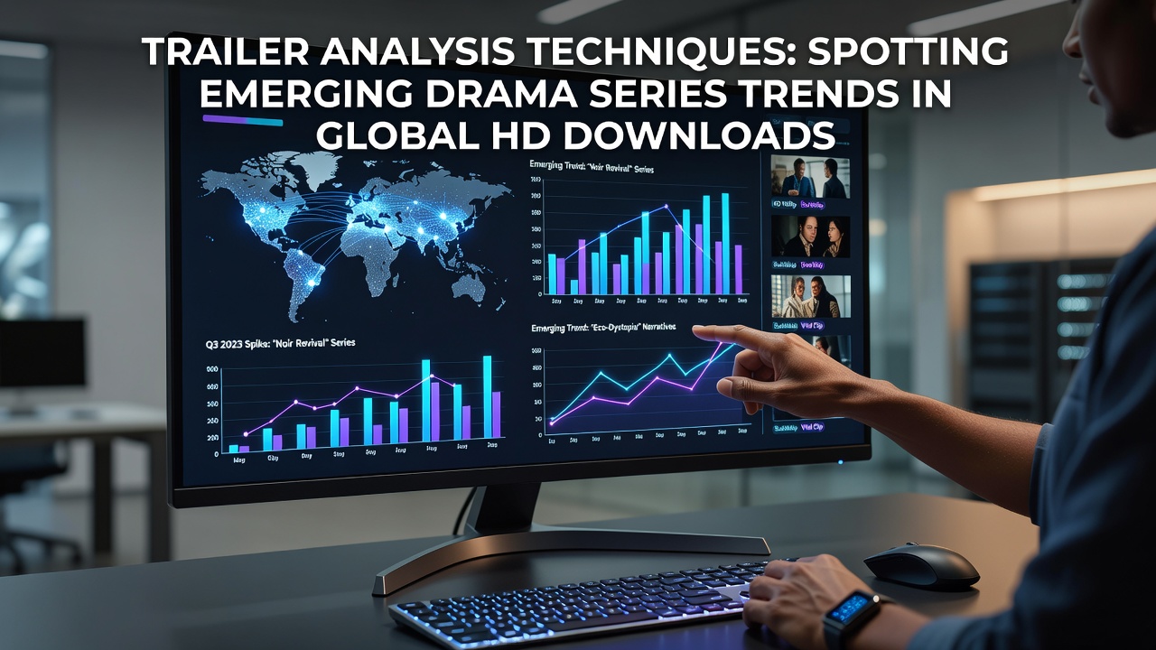 Analysts reviewing drama series trailers on multiple screens to identify emerging global download patterns