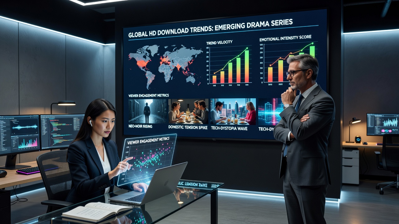 Global map overlay showing drama series trailer performance metrics and HD download hotspots