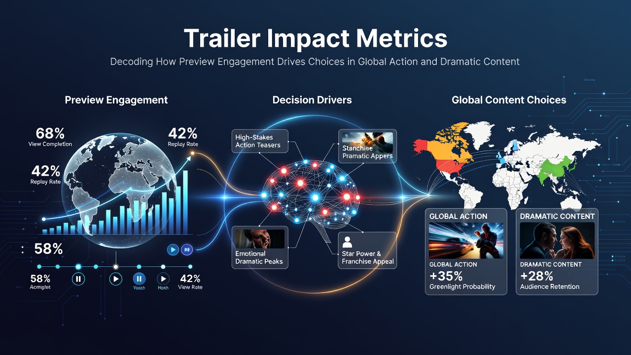 Dashboard displaying trailer view counts, completion rates, and engagement metrics for global action and drama releases