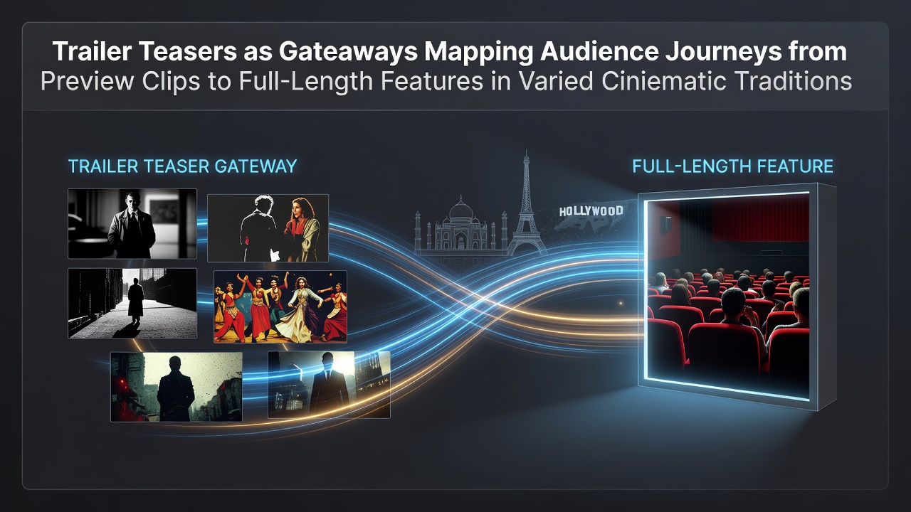 Moviegoers viewing teaser trailers on digital devices before committing to full-length films from diverse global cinematic traditions