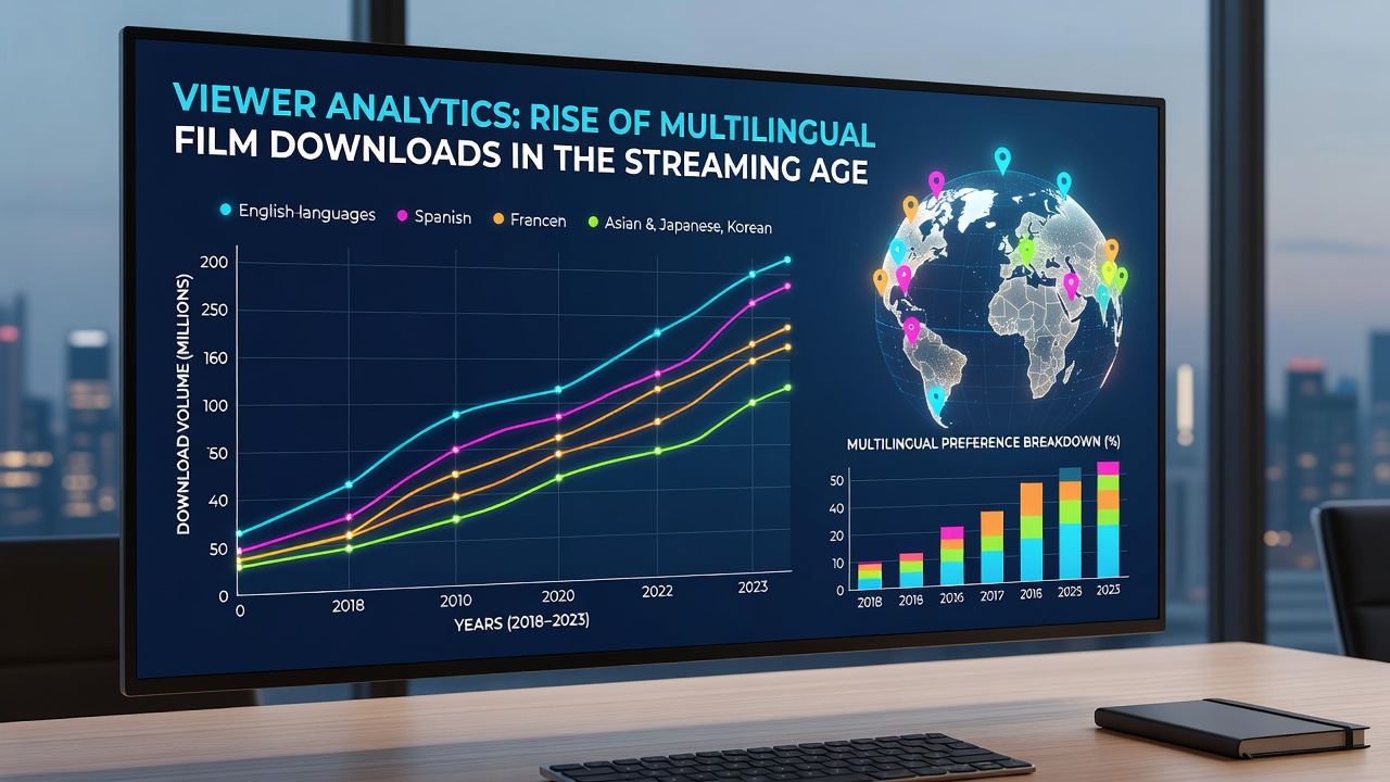 Global streaming map highlighting multilingual film download hotspots and viewer engagement metrics